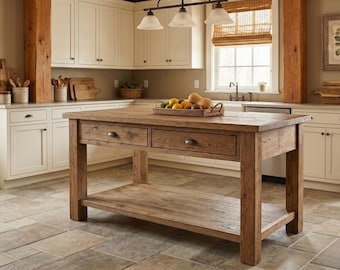 Reclaimed Wood Kitchen Island with Storage, Rustic Wood Kitchen Island with Drawers, Counter Height Kitchen Table, Farmhouse Kitchen Table