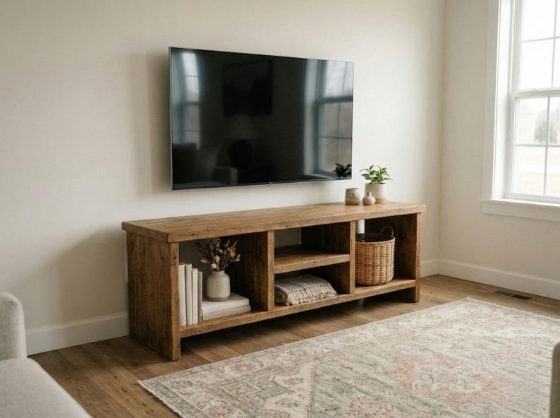 May include: A rectangular wooden media console with a natural brown finish, featuring three open storage compartments. The unit is positioned below a wall-mounted flat-screen television and contains books, a vase with dried flowers, and a woven basket.