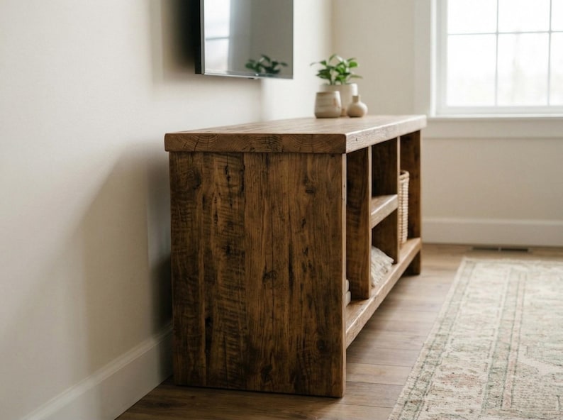 May include: A rectangular wooden media console featuring a dark brown finish with visible wood grain texture. The unit includes multiple open storage shelves and a flat top surface, providing a sturdy structure for organizing items in a living space.