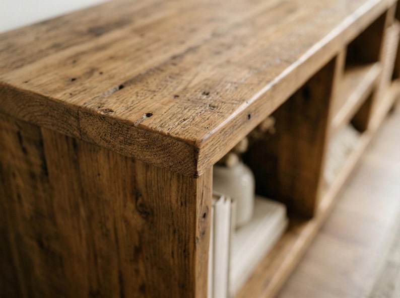 May include: A rectangular wooden media console featuring a weathered brown finish with visible wood grain, knots, and natural imperfections. The unit includes open shelving compartments, with one section containing a white vase and books.