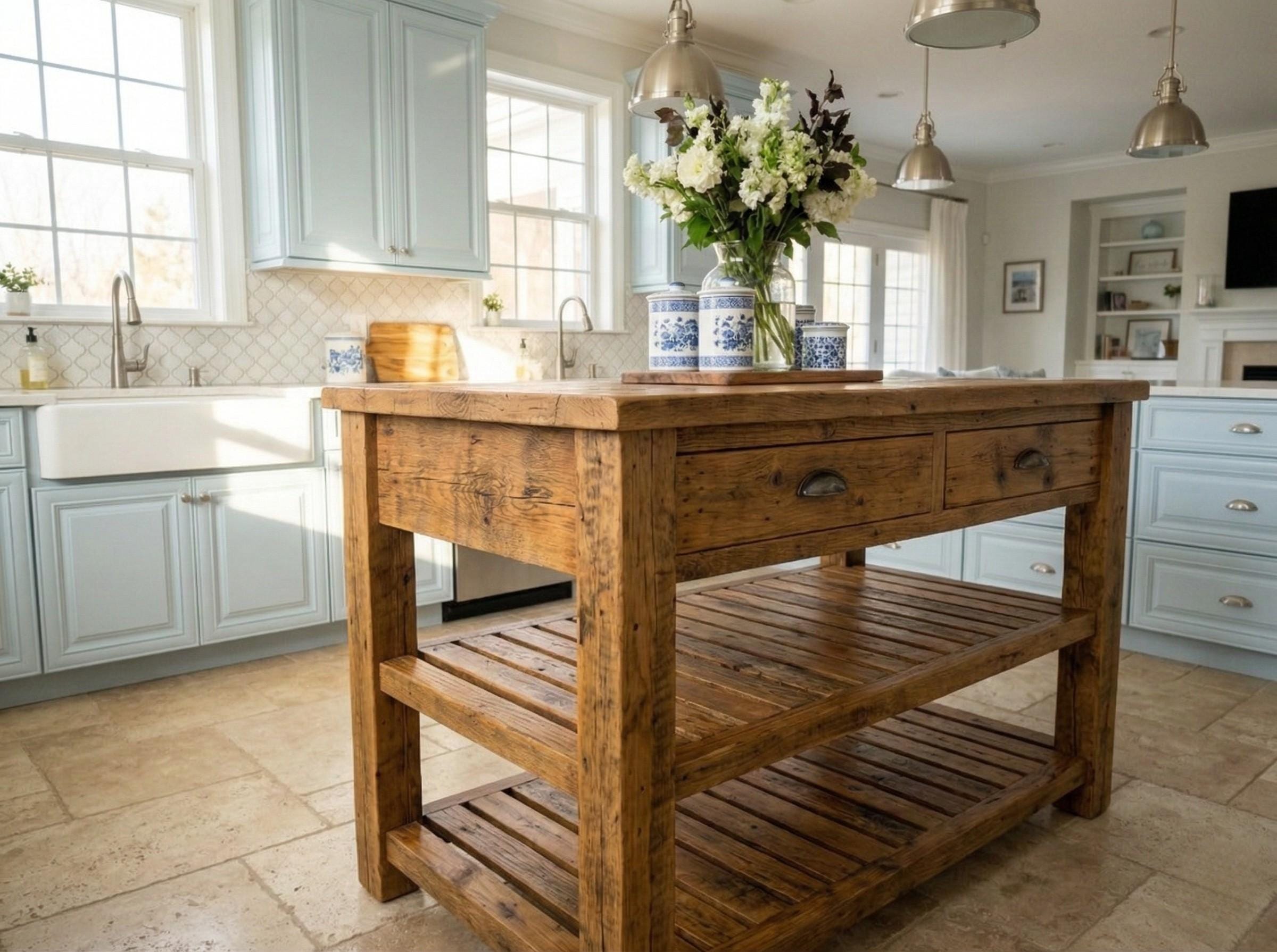Reclaimed Wood Kitchen Island With Storage / Shelf, Rustic Kitchen ...