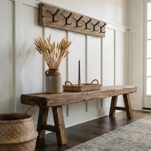 Narrow Bench, Rustic Reclaimed Wood Bench, Farmhouse Solid Entryway Noodle Bench, Hallway Shoe Rack Seat