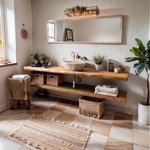 Handcrafted Rustic Bathroom Floating Vanity, Live Edge Shelf Vanity,Custom Natural Bathroom Sink Vanity,Country Style Farmhouse Counter Top