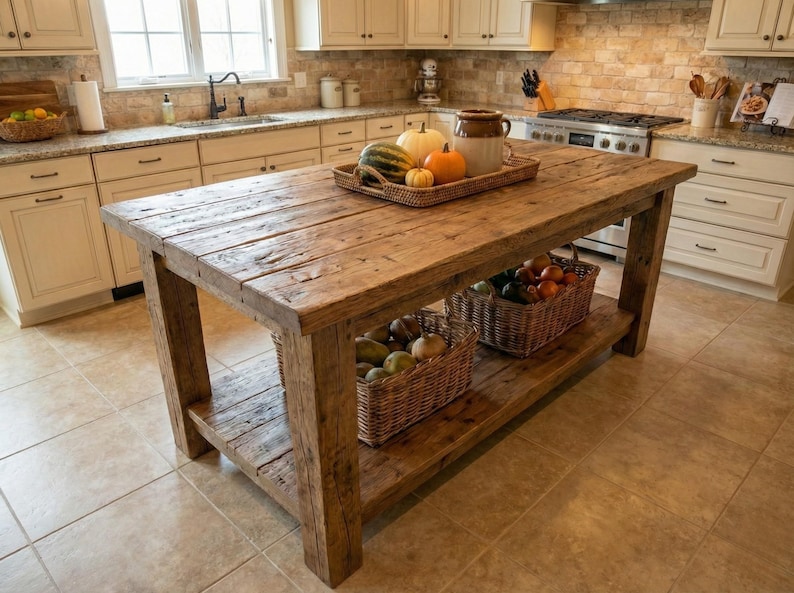 A rustic wooden kitchen island with a lower shelf and a distressed finish. Reclaimed Wood Kitchen Island , Farmhouse Rustic Kitchen Island with  Shelf, Counter Height Dining Table, butcher block island