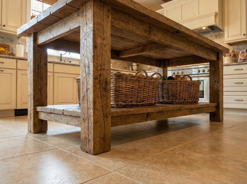 A rustic wooden kitchen island with a lower shelf. The island is constructed from thick, weathered wood, showcasing its natural grain and texture. Reclaimed Wood Kitchen Island , Farmhouse Rustic Kitchen Island Shelf, Counter Height Dining Table, butcher block island