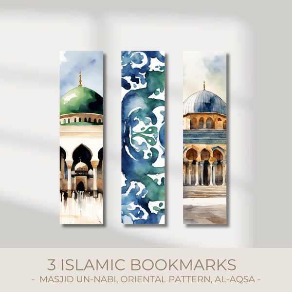 Islamic Bookmarks, Quranic Bookmark, Oriental Pattern Watercolor, Al-Aqsa, Al Aqsa Mosque, Medina Masjid al-Nabavi, Ramadhan Bookmark