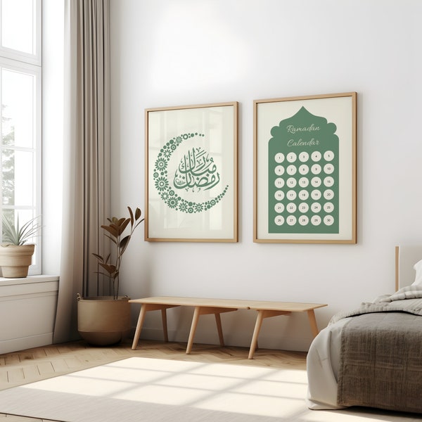 Calendario del conto alla rovescia del Ramadan, Set di 2 calendari del Ramadan stampabili, arte della parete Ramadan Mubarak, decorazione moderna del Ramadan, poster del calendario del Ramadan