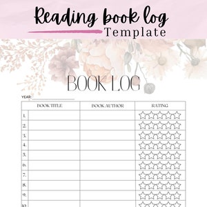 Journal de lecture imprimable de revue de livre de fleur rustique, titre de livre et auteur, liste de livre, livres que j'ai lus, téléchargement instantané pdf, lettre US/A4 pdf