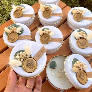 Candela in latta personalizzata con fiori secchi incorporati in grandi quantità, regalo di nozze personalizzato fatto a mano, regalo di ringraziamento in grandi quantità, bomboniere per addio al nubilato