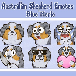 May include: Six cartoon emotes of a blue merle Australian Shepherd dog with different expressions. The dog is smiling, surprised, crying, holding a knife, wearing sunglasses, and holding a pink heart.