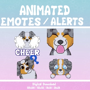 May include: Four animated emotes featuring a blue merle Australian Shepherd dog. The dog is shown in different poses, including cheering, sticking its tongue out, looking confused, and peeking out from behind a wall. The emotes are labelled "CHEER" and "?" and are available in various sizes, including 500x500, 112x112, 56x56, and 28x28 pixels.