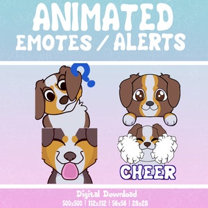 May include: Digital download graphic featuring animated dog emotes and alerts. The emotes include a dog with a question mark, a happy dog, and a dog with pom-poms that says "CHEER". The image is set against a gradient background.