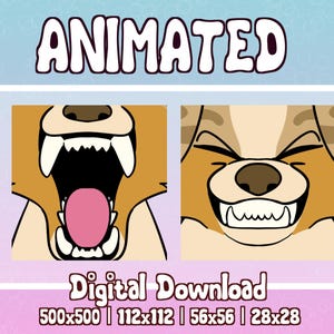 May include: Animated digital download of a cartoon dog's mouth open wide with a pink tongue and teeth showing, and a cartoon dog's mouth smiling with teeth showing. The text "ANIMATED" is at the top of the image. The text "Digital Download" is at the bottom of the image, along with the sizes of the images available for download: 500x500, 112x112, 56x56, and 28x28.