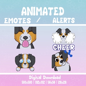 May include: Four animated emotes featuring a cartoon dog with different expressions. The emotes are labelled "Animated Emotes / Alerts" and include "Cheer". The emotes are available for digital download in various sizes: 500x500, 112x112, 56x56, and 28x28.