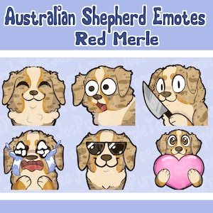 May include: Six cartoon Australian Shepherd dog emotes in the Red Merle colour pattern. The emotes show different expressions, such as smiling, surprised, holding a knife, crying, wearing sunglasses, and holding a pink heart. Text at the top reads "Australian Shepherd Emotes Red Merle."