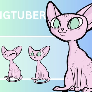 Op de afbeelding: Een cartoonillustratie van een roze haarloze kat met grote groene ogen. De kat zit met gekruiste poten en zijn staart gekruld om zijn lichaam. De kat kijkt naar rechts in de afbeelding.