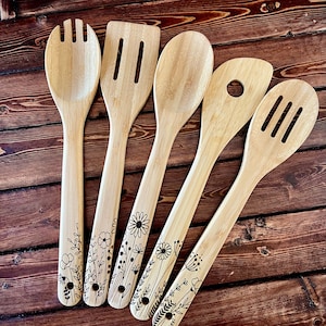 Wooden Cooking Utensil Set - Laser Engraved Cooking Utensils - Custom Kitchen Decor - Chef Gifts - Wedding Gifts - Homewarming - Set of 5