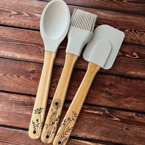 Wooden Cooking Utensil Set - Engraved Cooking Utensils - Custom Kitchen Decor - Chef Gifts - Wedding Gifts - Silicone Utensil - Set of 3