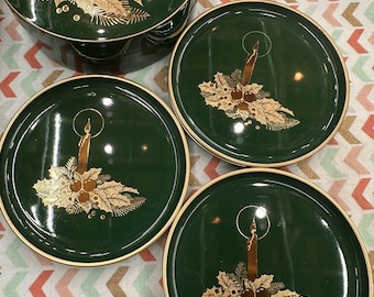 Vintage 60s Japan Lacquer MCM Otagiri Christmas 6 Coasters W Storage Container Enamel