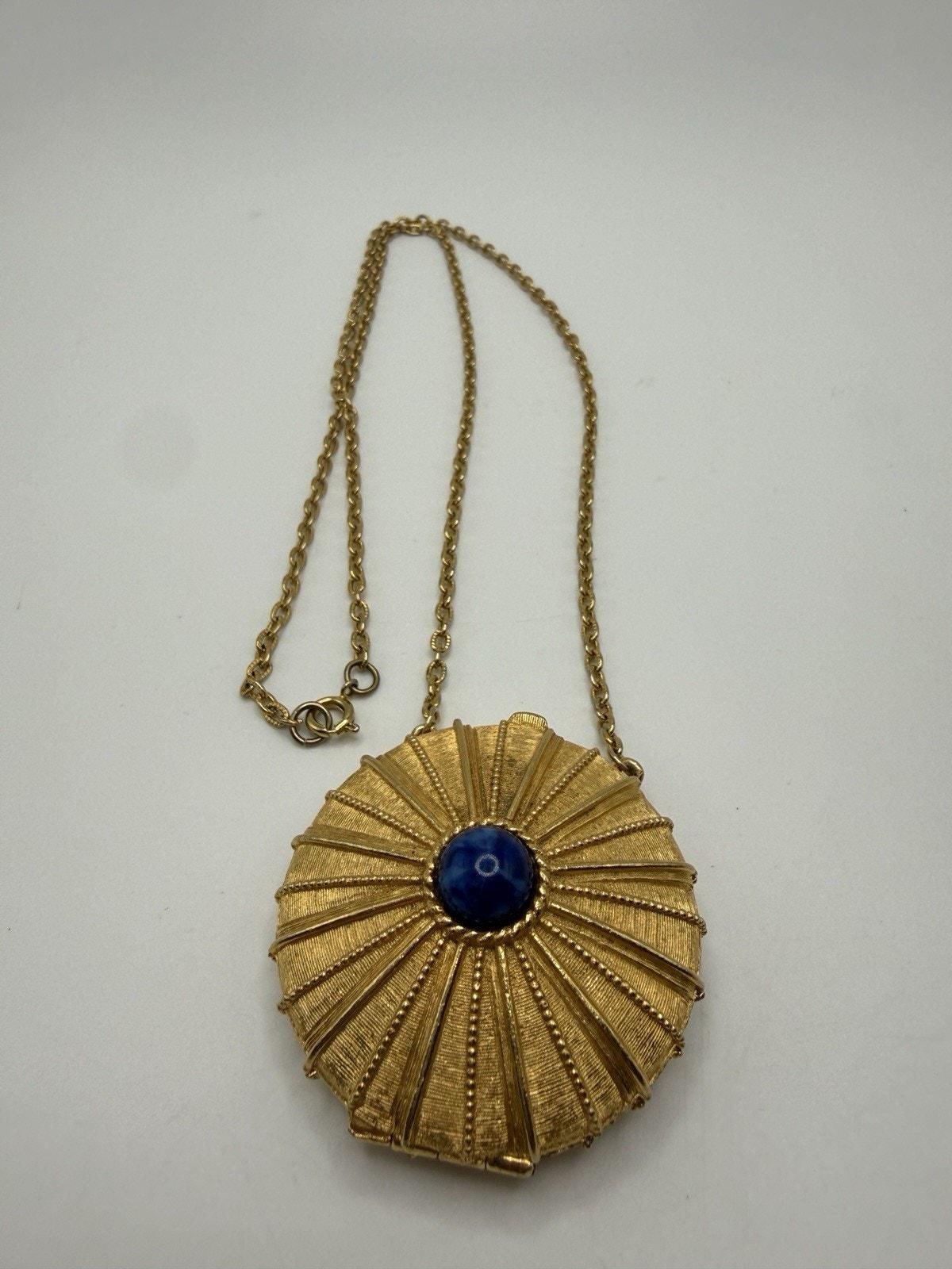 Vintage New Estee Lauder Gold Blue Compact Locket Trinket Necklace Solid Perfume