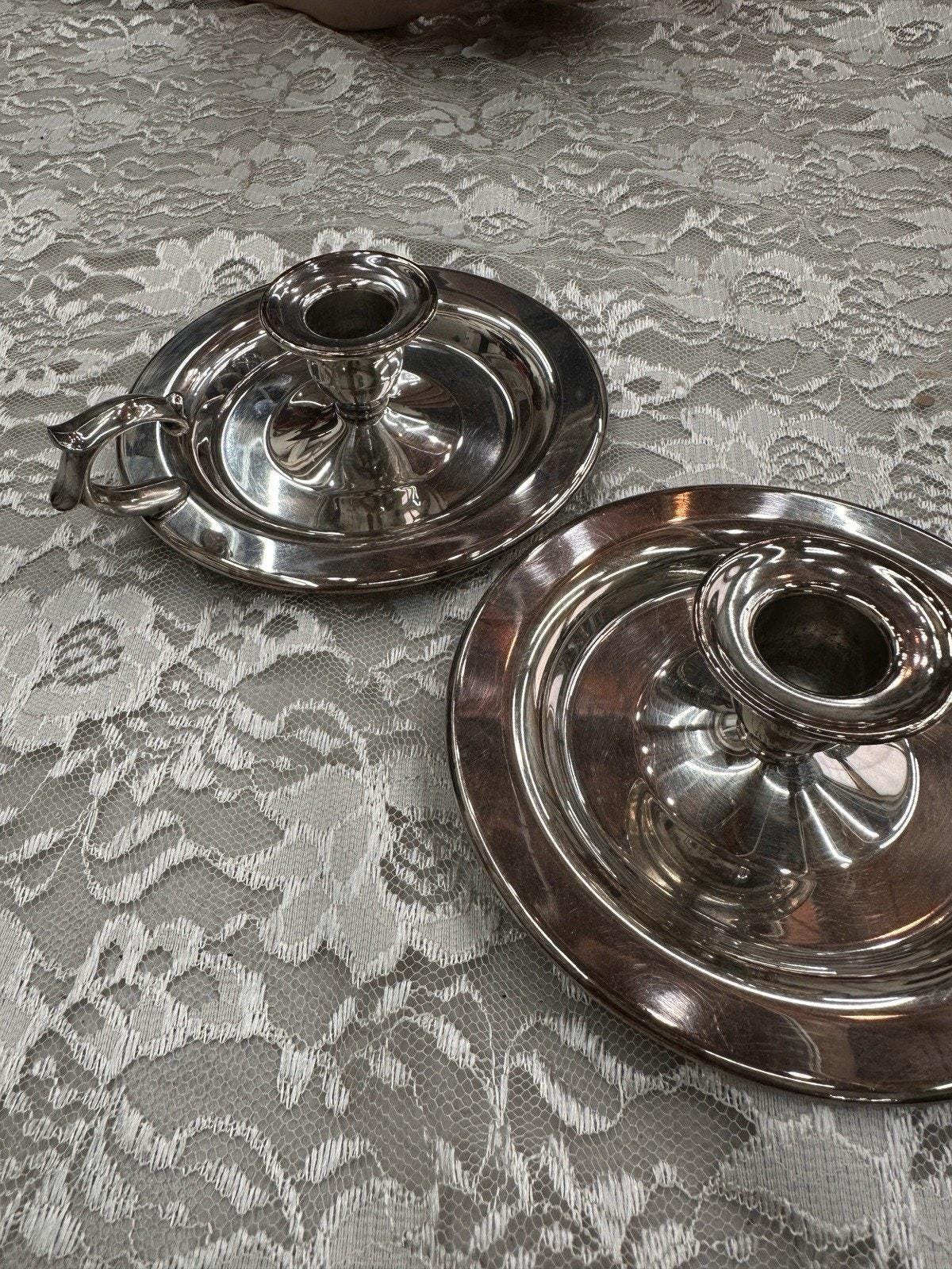 Vintage Pair Silverplate Candlesticks Oneida Chamberstick w/Finger Hole