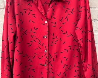 Vintage 90s Red Black Leaves Button Down Blouse Shirt Top L