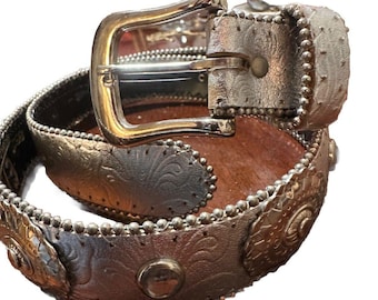 Vintage Elite Concho Leather Western Silver Belt Beaded Edge Medium 33” Cowgirl