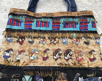 Bolso tote vintage hecho a mano con cuentas de gato y gatito, estilo egipcio, único y bohemio ecléctico.