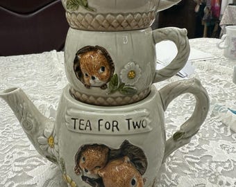 Vintage 1977 Ceramic Tea For Two Squirrel Tea Pot Mug Set Enesco E-9201 No Lid