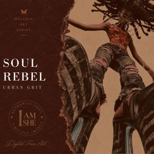 May include: A digital fine art print titled Soul Rebel Urban Grit featuring a low-angle perspective of a person with locs wearing a patterned top, distressed denim jeans, and large hoop earrings. The text Melanin Art Series and I Am She are visible.