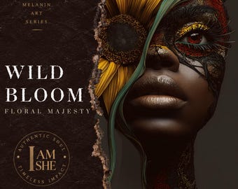 Sunflower Afro Portrait Black Woman Wall Print Surreal African Beauty Digital Download Afrocentric