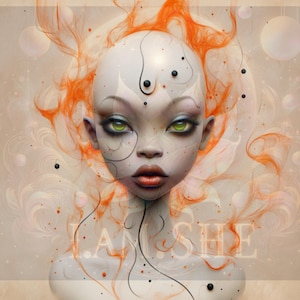 May include: A digital painting of a person with a white face, green eyes, and orange hair. The person is surrounded by orange and white swirls. The text "I AM SHE" is visible in the bottom center of the image.