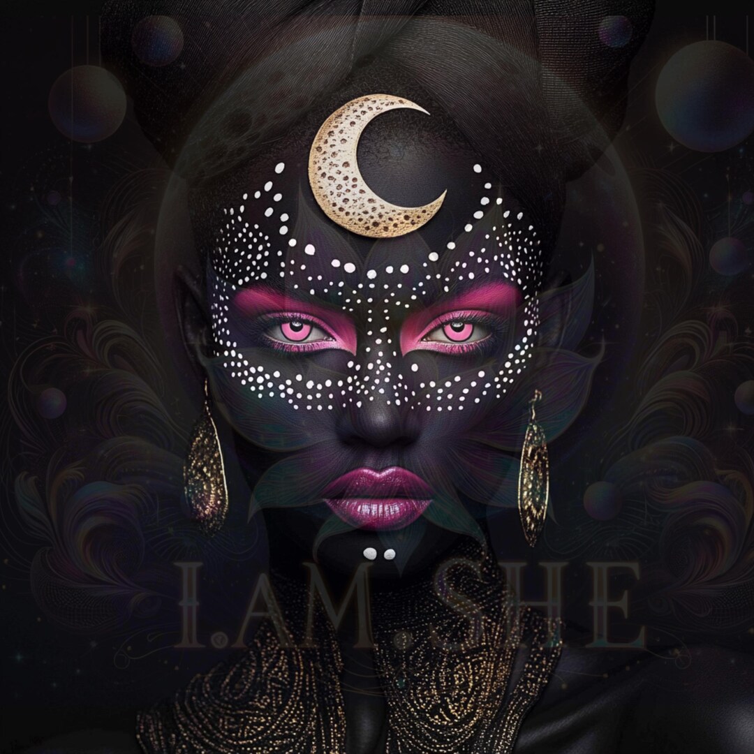Mystical African Goddess Wall Art Celestial Black Woman Portrait Gold 