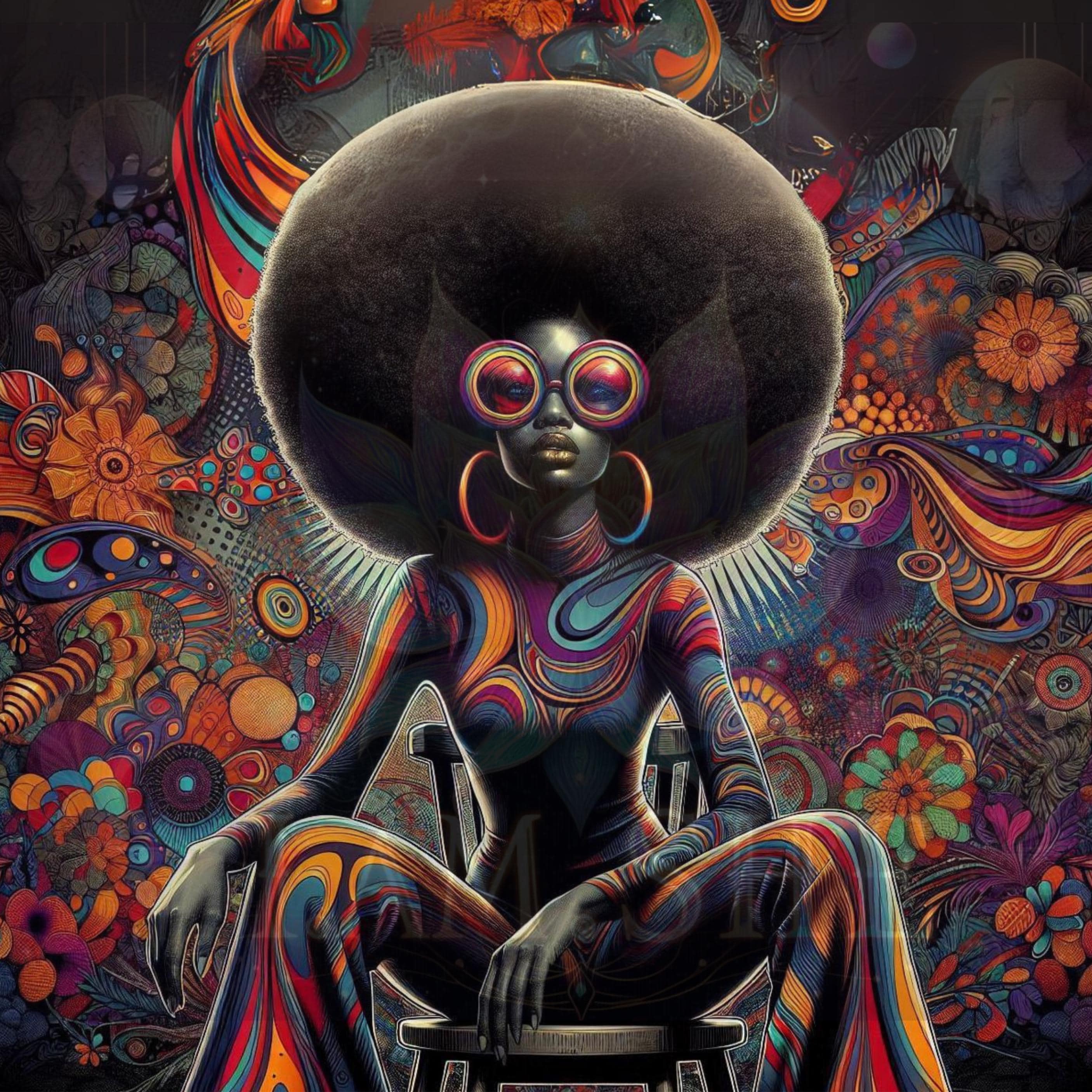 Afro Psychedelic Wall Art Black Woman Art Print, Colorful 70s