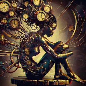 Steampunk Afro Futuristic Wall Art Cyberpunk Clockwork Woman Print, SciFi Digital Art, Gold and Black Decor, Industrial Surreal Artwork