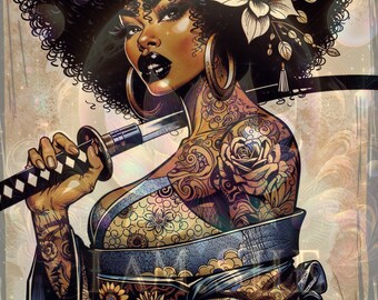 Afrocentric Katana Poster Art Wall Art Afrocentric Poster Art Japanese Art Afro Female Art Instant Download Unique Wall Art Canvas Art