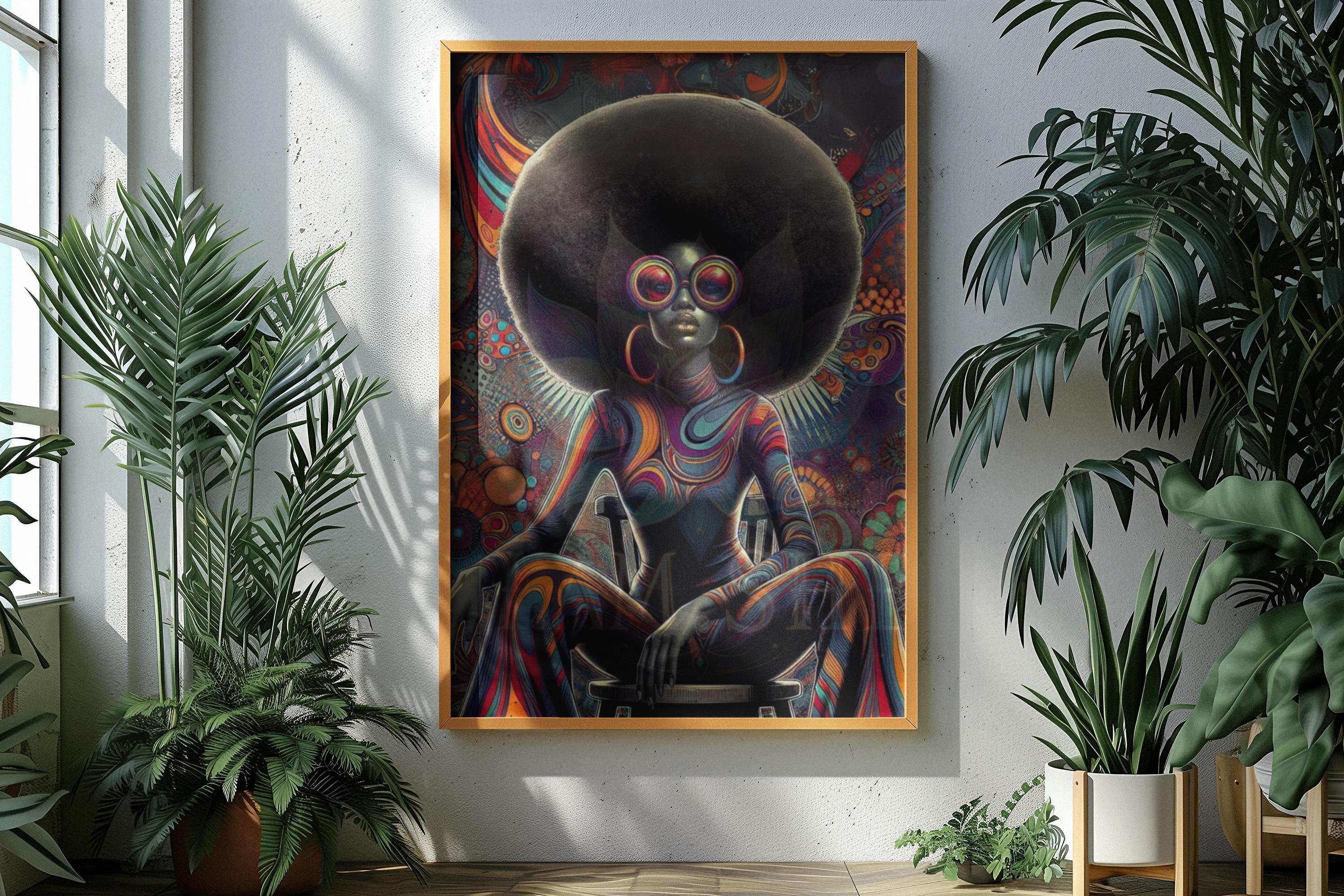 Afro Psychedelic Wall Art Black Woman Art Print, Colorful 70s