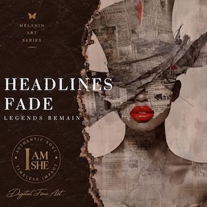 May include: Digital fine art print featuring a collage of vintage newspaper clippings forming a portrait with vibrant red lips. The dark background includes the text: MELANIN ART SERIES, HEADLINES FADE LEGENDS REMAIN, and a circular logo reading I AM SHE.