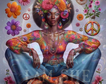 Instant download, 3D Art, Afrocentric Art, Downloadable Art, Afro Art, Hippie Chick, 60s inspired Art, Flower Child Art, Peace And Love Art