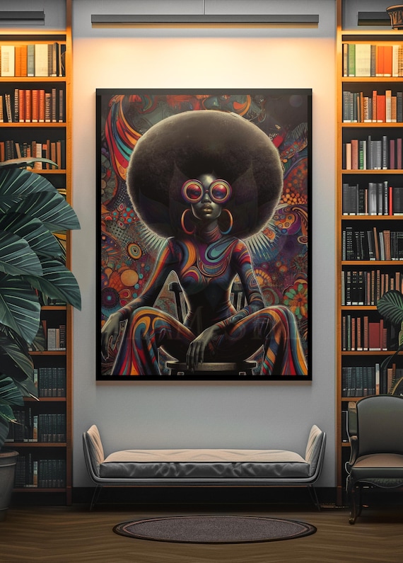Afro Psychedelic Wall Art Black Woman Art Print, Colorful 70s