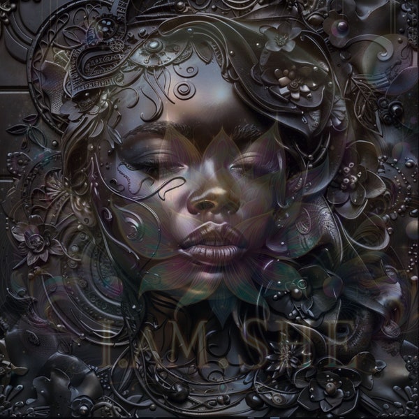 Metallic Essence: Stylized Artistic Portrait of an Elegant Black Woman, Meticulously Crafted from Luxurious Metal and Supple Leather