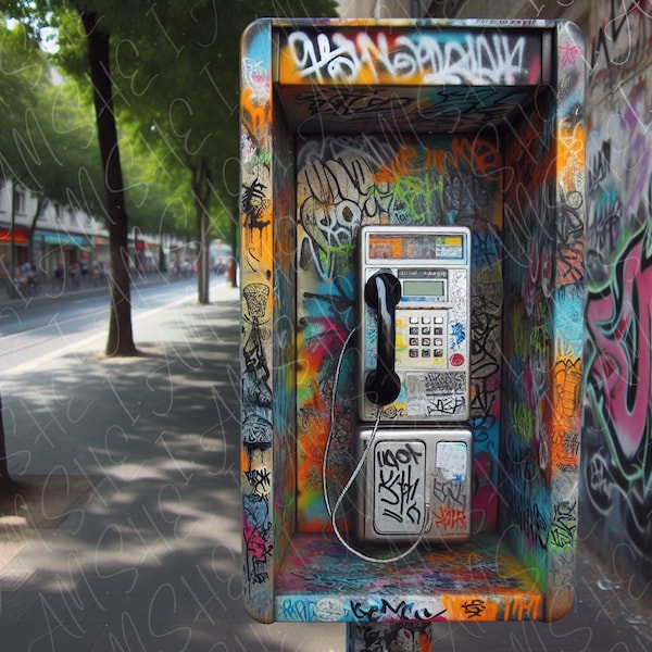 Nostalgic Urban Vibes Old-School Payphone Digital Art - 80s Graffiti Poster Wall Art Download for a Retro Journey in Your Space