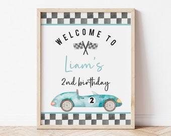 May include: A blue and white watercolor illustration of a race car with a checkered flag background. The text reads "Welcome to Liam's 2nd birthday".