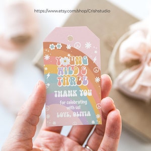 Editable Groovy Favor Tags Young Wild and Three Gift Tags 3rd Birthday Groovy Party Favors Groovy Decor Groovy Favors G110