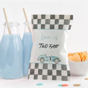 Editável Dois Fast Birthday Chip Bag Corrida Carro Aniversário 2º Aniversário Personalizado Chip Bag Template Duas Decorações Fast Birthday R101