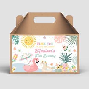 Redigerbar "One In The Sun"-poolpartylåda, etikett för födelsedagsgavellåda, etiketter för poolpartydekor, poolparty med akvareller för flickor POL101