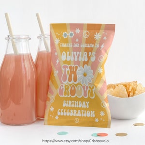 Editable Groovy Chip Bag Wrapper Printable Two Groovy One Four Ever Groovy Birthday Favors Template Instant Download, G114