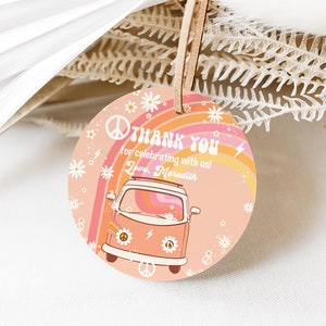 May include: Round thank you tag with a rainbow, peace sign, and a vintage van. The tag says "Thank you for celebrating with us! Love, Meredith".