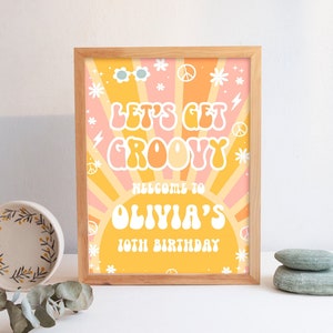 Groovy Welcome Sign Two Groovy Editable Groovy One Birthday Five Is a Vibe  Any Age Groovy Decorations Welcome Party Sign G116