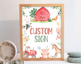 Puede incluir: Un cartel imprimible con un granero rojo, animales de granja y el texto "CUSTOM SIGN". El cartel es perfecto para una fiesta o evento con temática de granja.